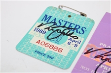 Nick Faldo Signed 1989 & 1990 Masters SERIES Badges plus 1996 Practice Rd Ticket JSA ALOA