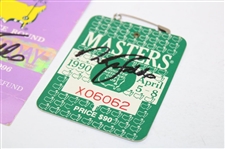 Nick Faldo Signed 1989 & 1990 Masters SERIES Badges plus 1996 Practice Rd Ticket JSA ALOA