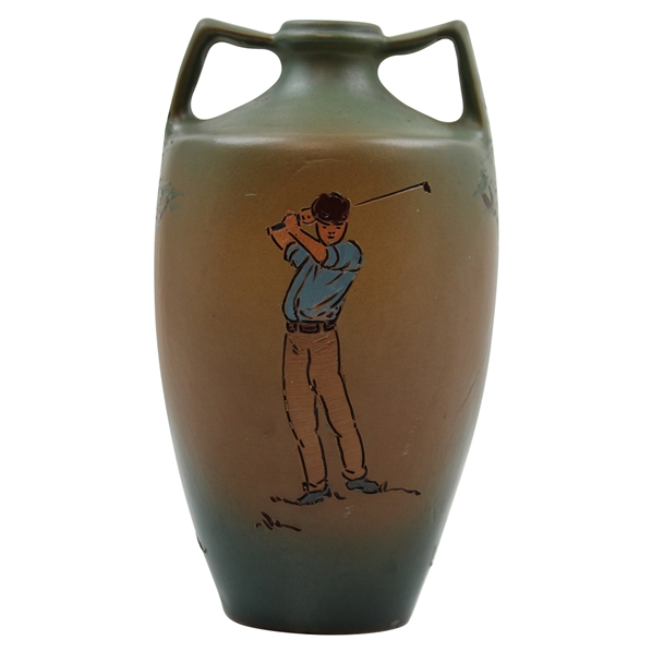 Early 1900s Weller Dickensware Pre-Swing Male Golfer Dual-Handle Jug