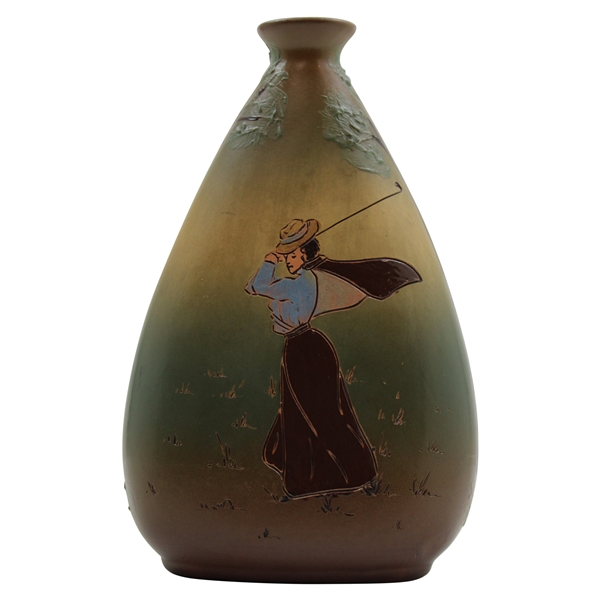 Early 1900s Weller Dickensware Post-Swing Female Golfer with Cape Triangular Vase