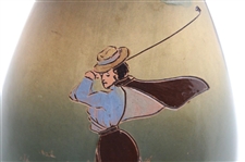 Early 1900's Weller Dickensware Post-Swing Female Golfer with Cape Triangular Vase