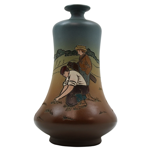 Early 1900s Weller Dickensware Male Golfer Fixing Divot w/Caddie Bulbous Vase