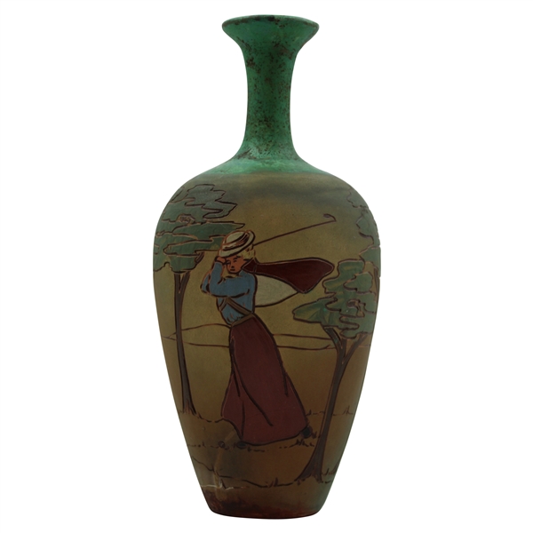 Early 1900s Weller Dickensware Pre-Swing Female Golfer with Cape & Hat Vase