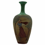 Early 1900s Weller Dickensware Pre-Swing Female Golfer with Cape & Hat Vase