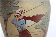 Early 1900's Weller Dickensware Pre-Swing Female Golfer with Cape & Hat Vase