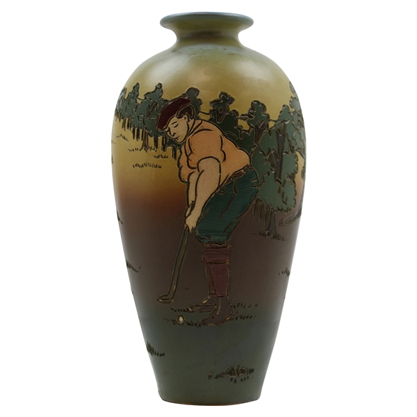 Early 1900s Weller Dickensware Male Golfer Finishing Putt Cylindrical Bulbous Vase