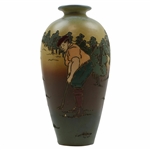 Early 1900s Weller Dickensware Male Golfer Finishing Putt Cylindrical Bulbous Vase