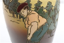 Early 1900's Weller Dickensware Male Golfer Finishing Putt Cylindrical Bulbous Vase