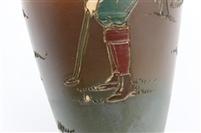 Early 1900's Weller Dickensware Male Golfer Finishing Putt Cylindrical Bulbous Vase