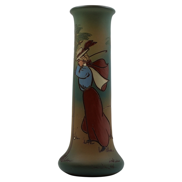 Early 1900s Weller Dickensware Pre-Swing Female Golfer with Cape & Hat Cylindrical Vase