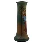 Early 1900's Weller Dickensware Pre-Swing Female Golfer with Cape & Hat Cylindrical Vase