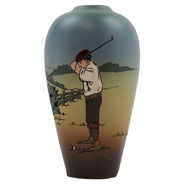 Early 1900s Weller Dickensware Pre-Swing Male Golfer w/Fence Cylindrical Bulbous Vase