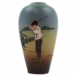 Early 1900s Weller Dickensware Pre-Swing Male Golfer w/Fence Cylindrical Bulbous Vase