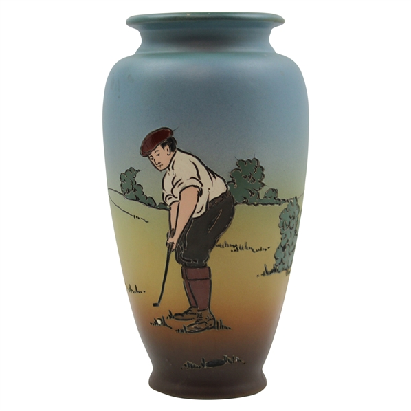 Early 1900s Weller Dickensware Male Golfer Finishing Putt Cylindrical Vase