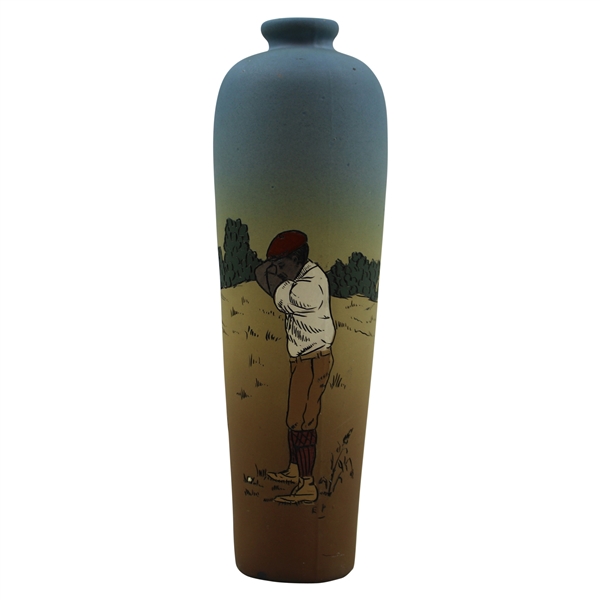 Early 1900s Weller Dickensware Pre-Swing Dark Complexion Male Golfer Cylindrical Vase