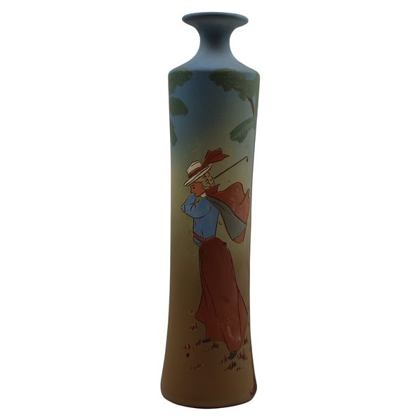 Early 1900s Weller Dickensware Pre-Swing Female Golfer with Cape & Hat Slim Vase