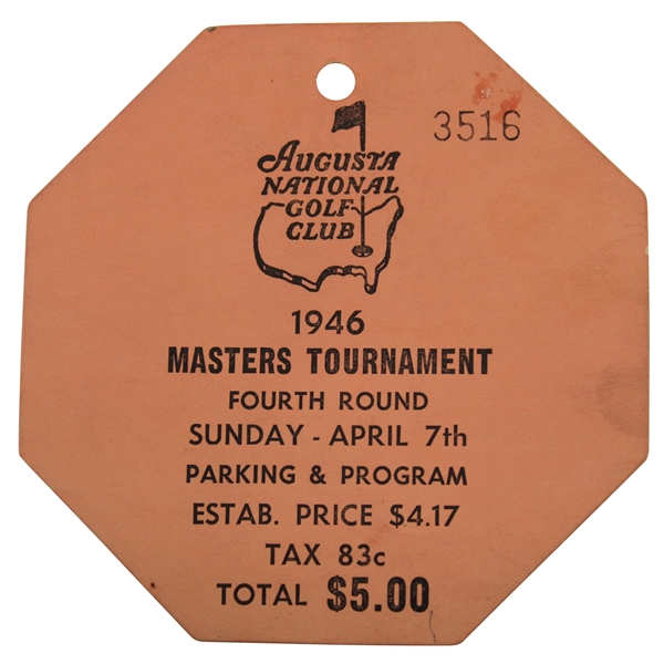 1946 Masters Tournament Sunday Final Round Ticket #3516 - Herman Keiser Winner
