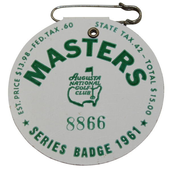 1961 Masters Tournament SERIES Badge #8866 - Gary Player Winner 