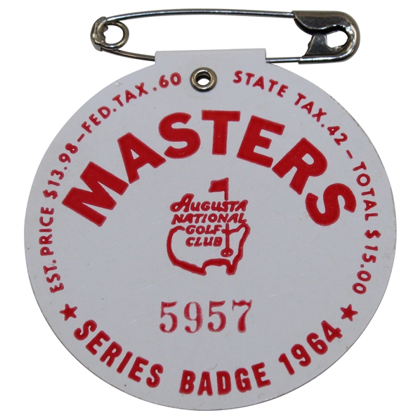 1964 Masters Tournament SERIES Badge #5957 - Arnold Palmer Winner