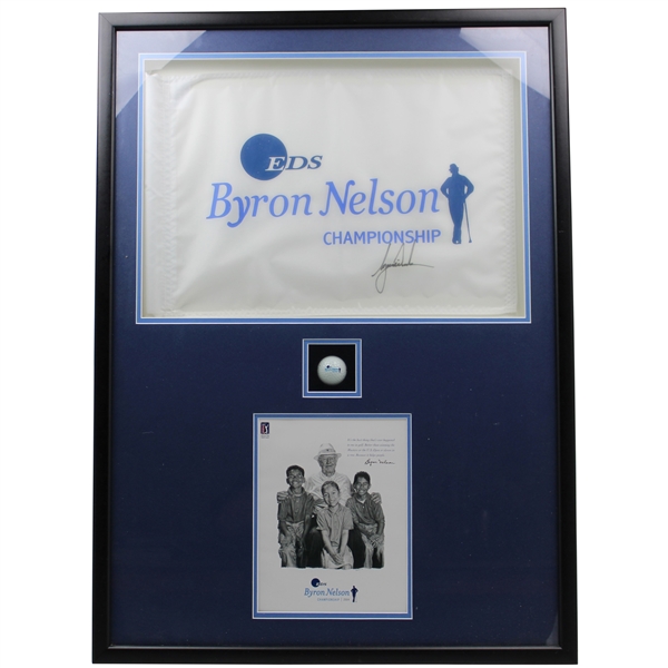 Tiger Woods Signed 2004 EDS Byron Nelson Championship Flag & Golf Ball - Framed Display JSA ALOA