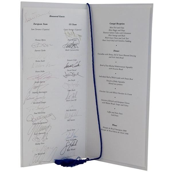 2002 Ryder Cup Welcome Dinner Gala Menu signed by Both Teams & Captains JSA ALOA