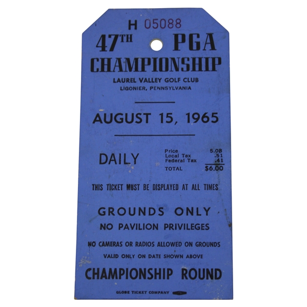 1965 PGA Championship at Laurel Valley Golf Club Daily Grounds Ticket #H05088