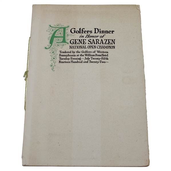 Champion Gene Sarazens 1922 US Open Golfers Victory Dinner Program/Menu - Rare