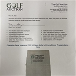 Champion Gene Sarazen's 1922 US Open Golfer's Victory Dinner Program/Menu - Rare
