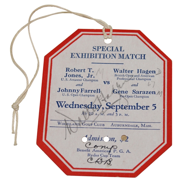 Walter Hagen Signed 1928 Exhibition Match Ticket - Bobby Jones/Farrell vs Walter Hagen/Sarazen JSA ALOA