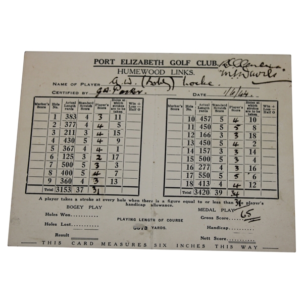 1944 Bobby Locke Signed Scorecard Shooting 65. Removed From Bobby Lockes Personal Scrapbook
