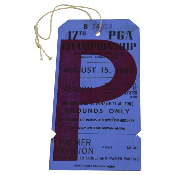 1965 PGA at Laurel Valley GC Final Rd Sunday FULL Palmer Pavilion Season Ticket #B34959  - Dave Marr Winner