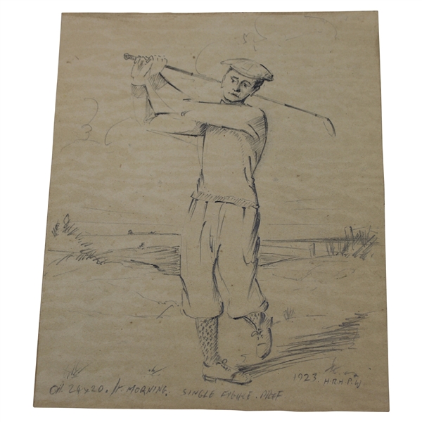 Original 1923 Pencil Drawing Of A Golfer In Knickers w/ Artist Initials