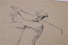 Original 1923 Pencil Drawing Of A Golfer In Knickers w/ Artist Initials