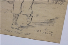 Original 1923 Pencil Drawing Of A Golfer In Knickers w/ Artist Initials