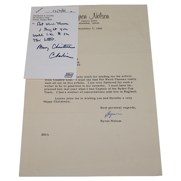 1966 Byron Nelson Letter To Charlie Yates Sent To Pat Ward-Thomas - Ryder Cup Captain Content