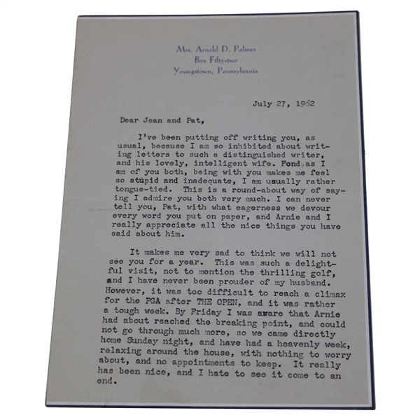 1962 Winnie Palmer To Jean And Pat Ward-Thomas Letter Just Weeks After Arnie 2nd British Open Championship