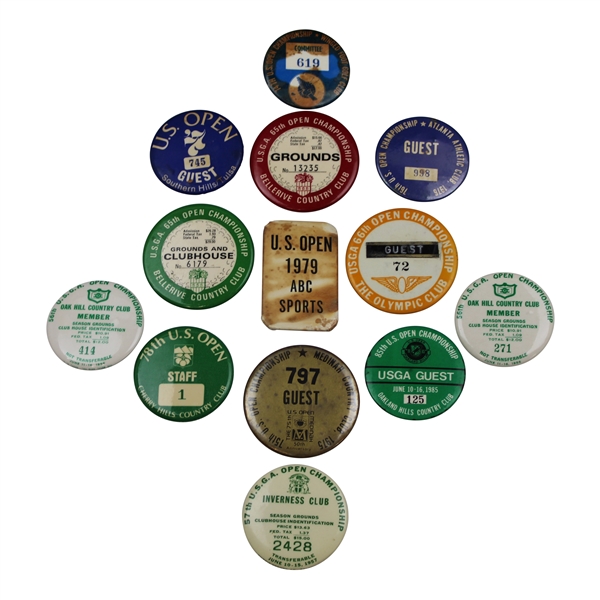 Thirteen (13) Various US Open Championship Badges - 1956, 1957, 1965, 1978, 1985 & more