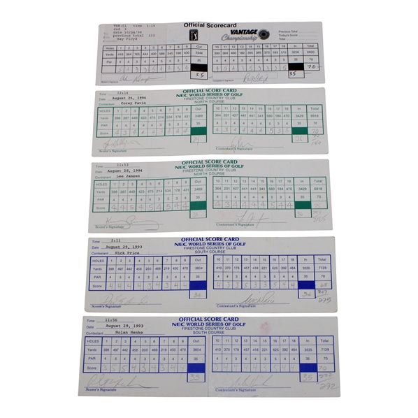 Mickelson, Floyd, Price, Pavin & (6) Others Signed 1993-94 World Series Of Golf & 1999 Vantage Championship Official Scorecards