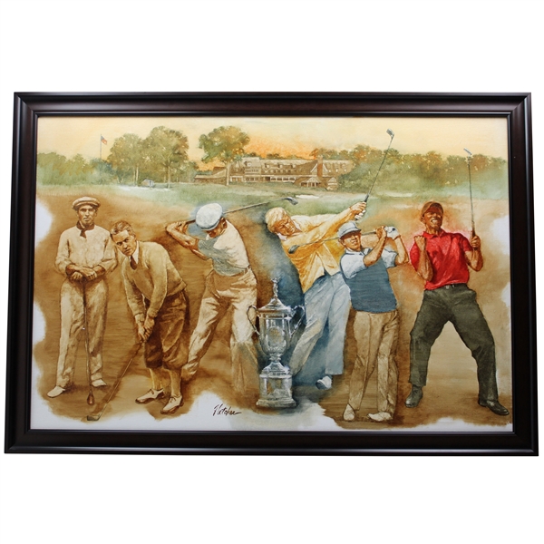 Original Best of US Open Champions Incl. Jones, Tiger & Jack Oil Painting Signed by Artist Robert Fletcher - Framed