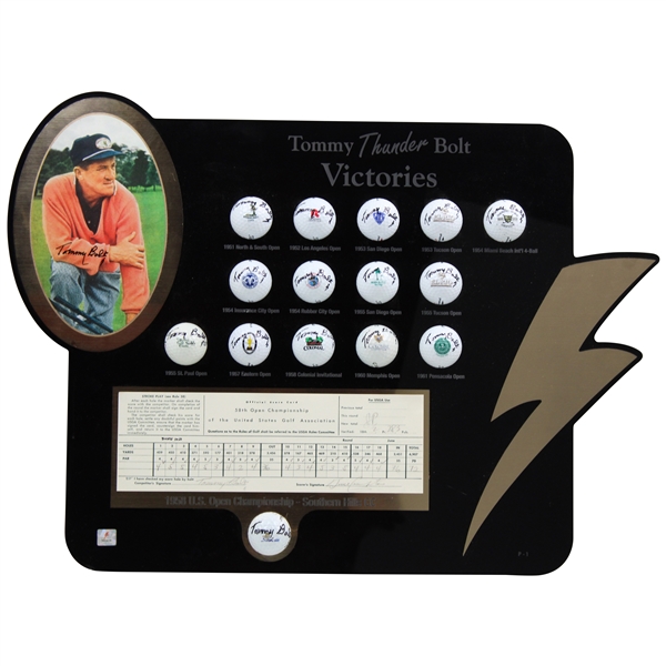 Tommy Thunder Bolt Signed 15 Victories Logo Golf Balls w/Signed Scorecard Custom Display JSA ALOA