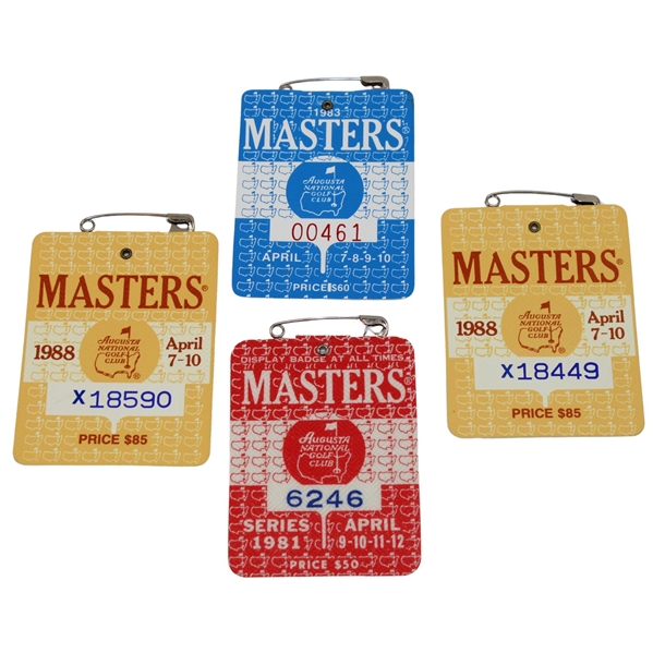 1981, 1983 & Two (2) 1988 Masters Tournament SERIES Badges - Watson, Seve & Lyle Winners