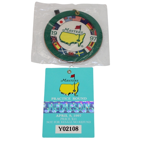 1997 Masters Wednesday Practice Round Ticket #Y02108 w/Unopened 1997 Bag Tag - Tiger Win