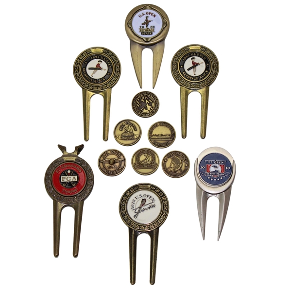 Six (6) US Open & Sr Open Gold Tone Ball Markers w/Six (6) US Open Divot Tool & Ball Markers