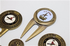Six (6) US Open & Sr Open Gold Tone Ball Markers w/Six (6) US Open Divot Tool & Ball Markers