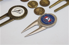 Six (6) US Open & Sr Open Gold Tone Ball Markers w/Six (6) US Open Divot Tool & Ball Markers