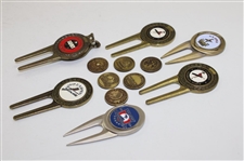 Six (6) US Open & Sr Open Gold Tone Ball Markers w/Six (6) US Open Divot Tool & Ball Markers