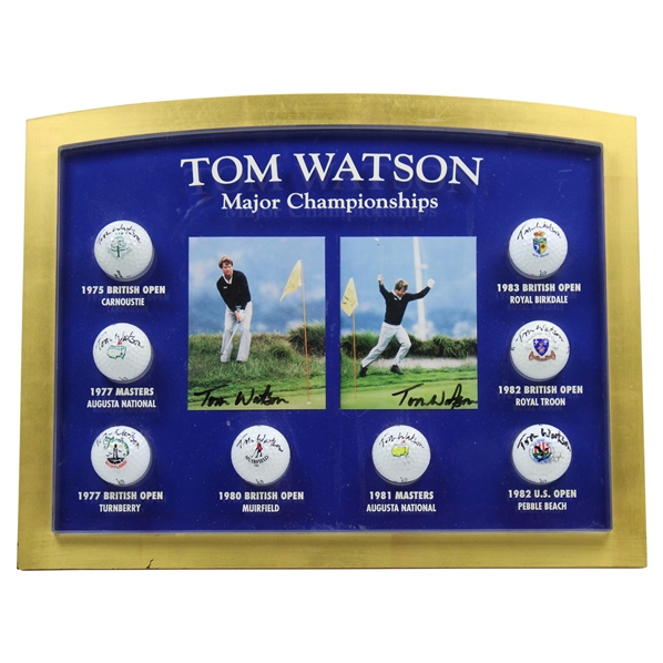 Tom Watson Signed Eight (8) Major Championship Logo Golf Balls & Photos Custom Display JSA ALOA