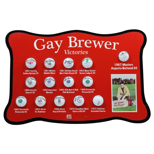 Gay Brewer Signed Fourteen (14) Tour Victories Logo Golf Balls w/Photo Custom Display JSA ALOA