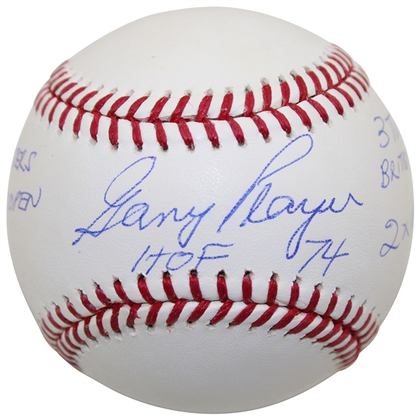 Gary Player Signed MLB Baseball w/HoF 74, 3x Masters, 65 US Open, 3x British Open, 2x PGA Inscr. JSA #CA63077 