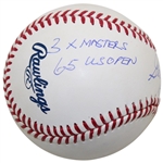 Gary Player Signed MLB Baseball w/HoF 74, 3x Masters, 65 US Open, 3x British Open, 2x PGA Inscr. JSA #CA63077 